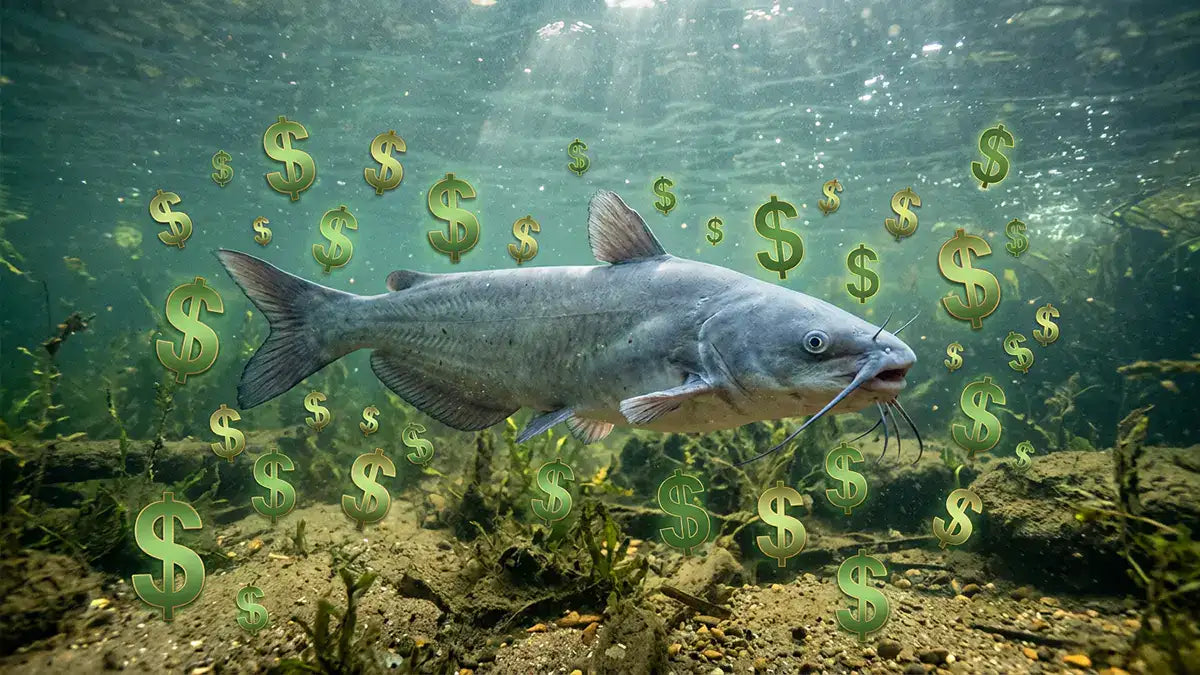 Blue catfish underwater with dollar signs — Maryland invasive fish bounty program