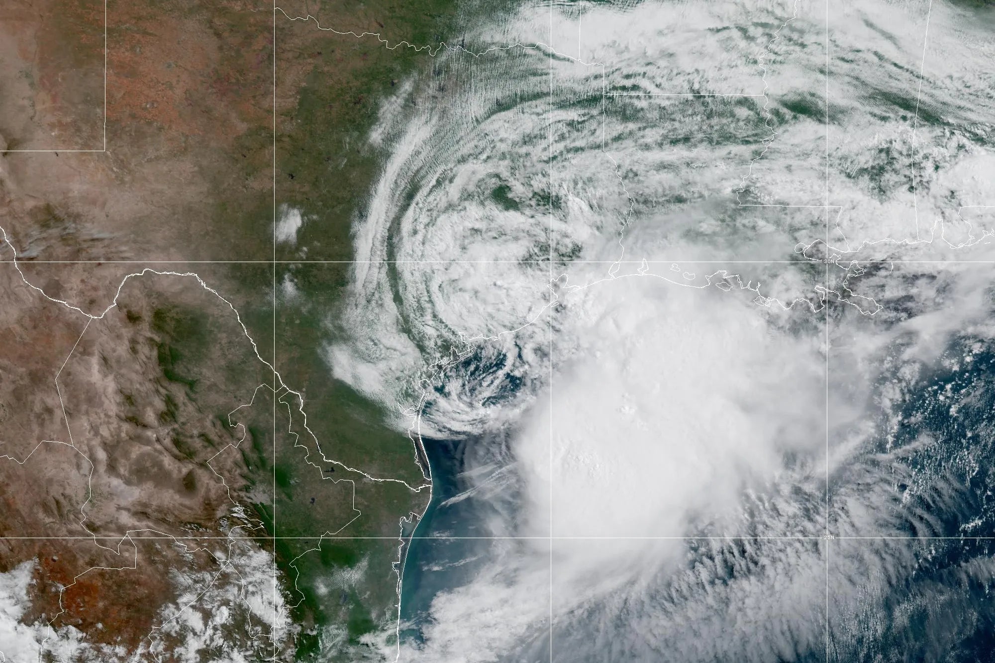 Satellite view of Tropical Storm Arthur making landfall near Matagorda Bay, Texas in June 2026