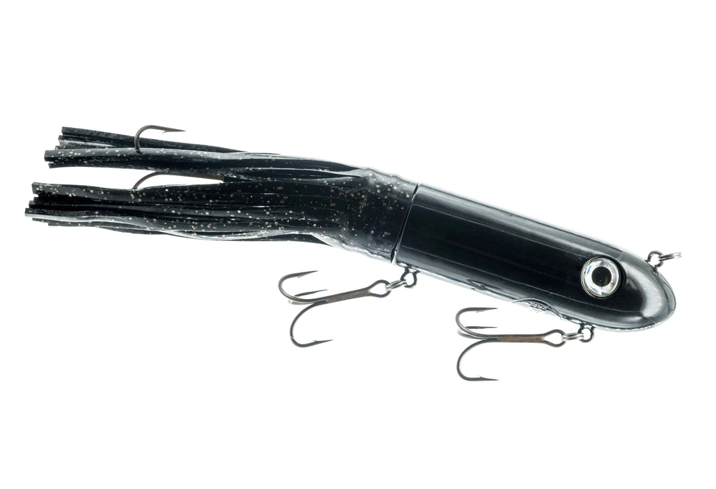 Black glitter squid fishing lure with 3D eye and treble hooks for saltwater fishing