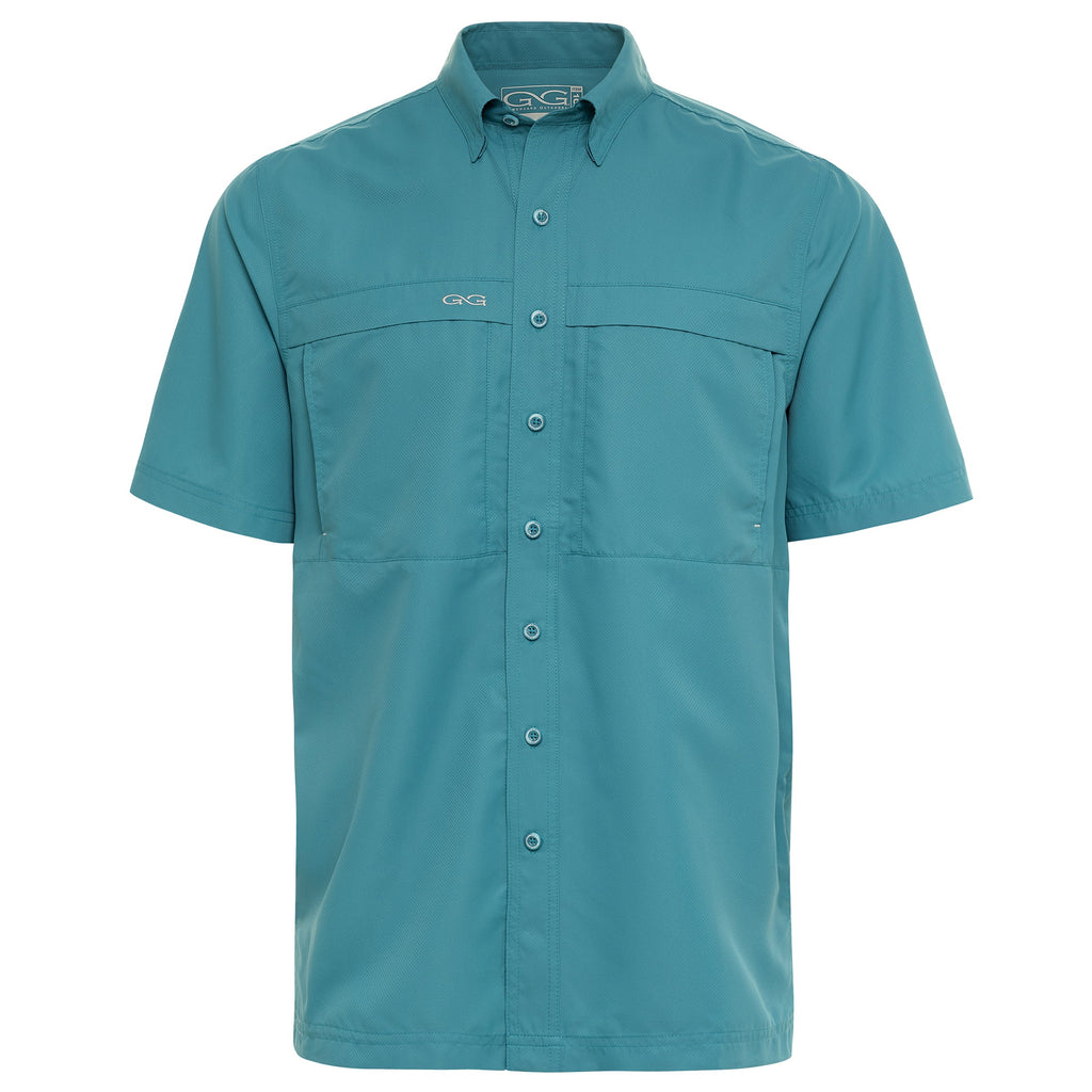 Teal short-sleeve button-up fishing shirt with chest pockets, quick-dry fabric for outdoor adventures