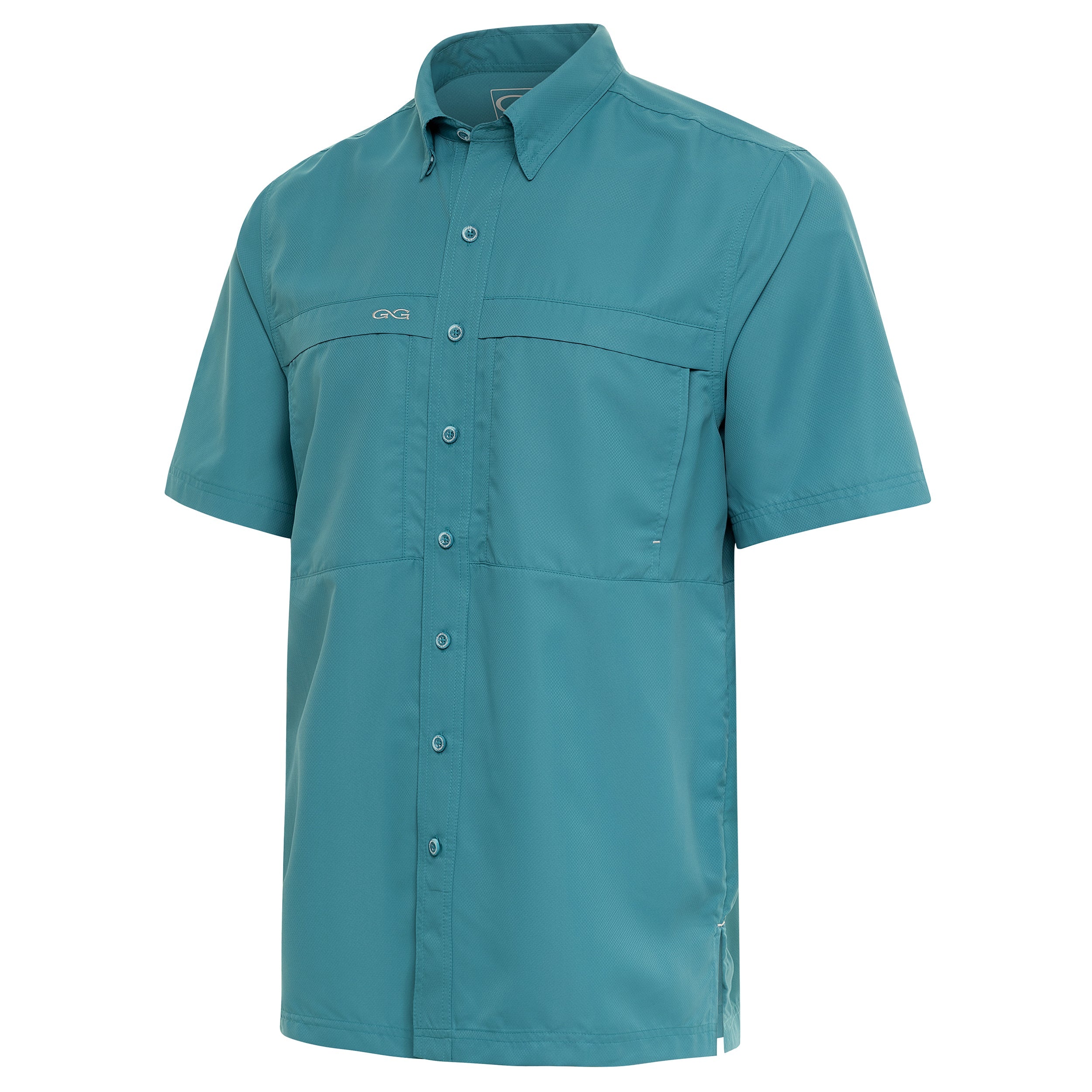 Teal short sleeve button-up hunting shirt with chest pockets and GGG logo, ideal for outdoor adventures