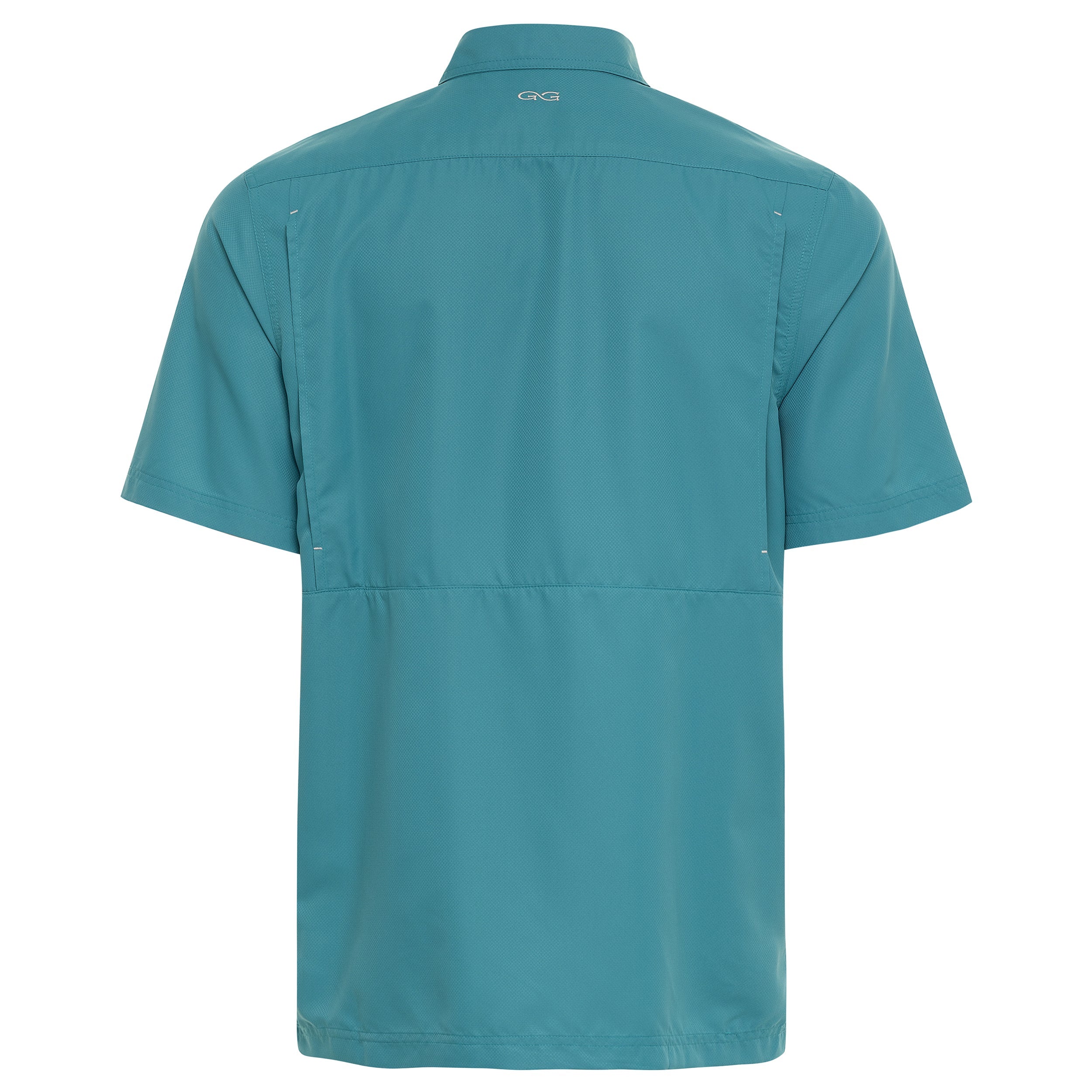 Teal short sleeve fishing shirt with GG logo, breathable outdoor performance fabric for hunting and angling
