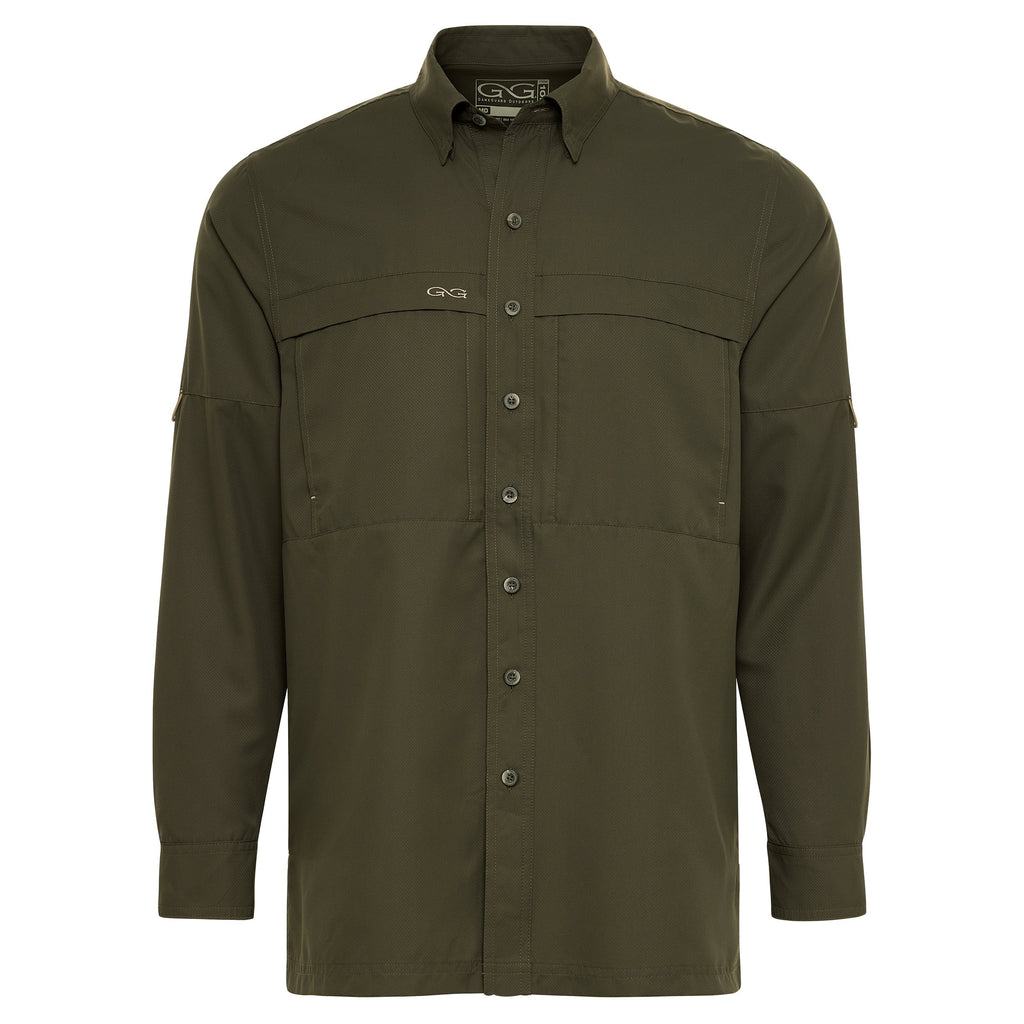 Olive green long sleeve hunting shirt with button front, chest pockets, and GameGuard logo for outdoor adventures