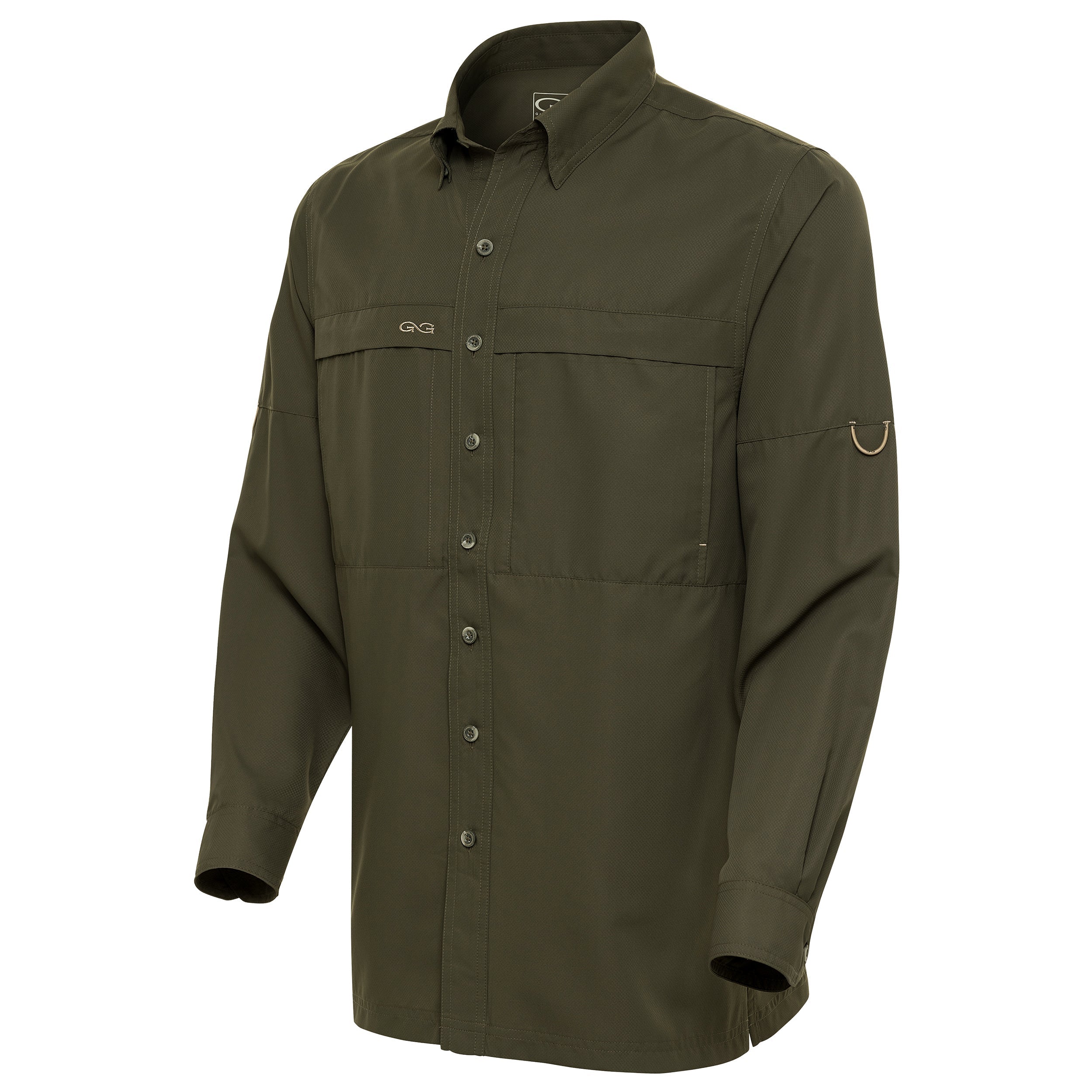 Olive green long sleeve hunting shirt with button front, chest pockets, and arm D-ring for outdoor gear