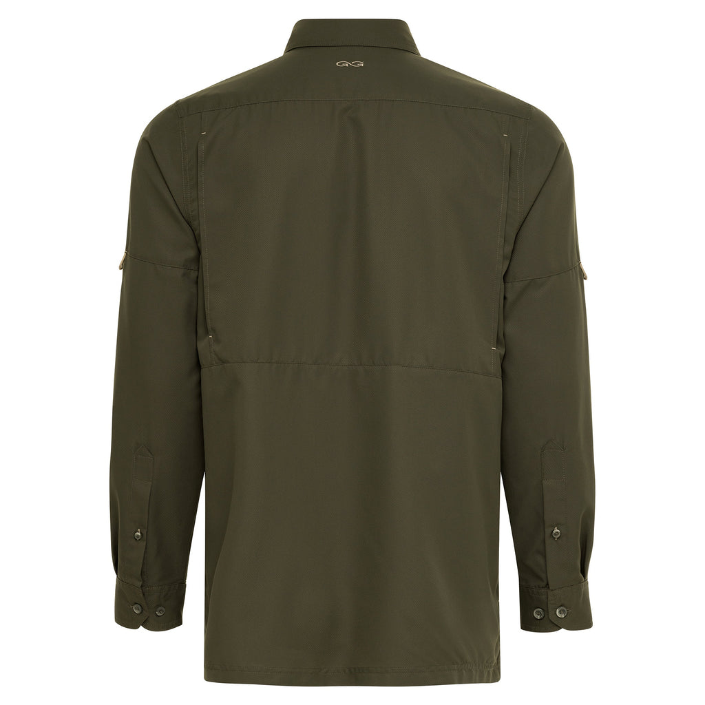Olive green hunting shirt with button cuffs and back logo, ideal for outdoor adventures and field use.
