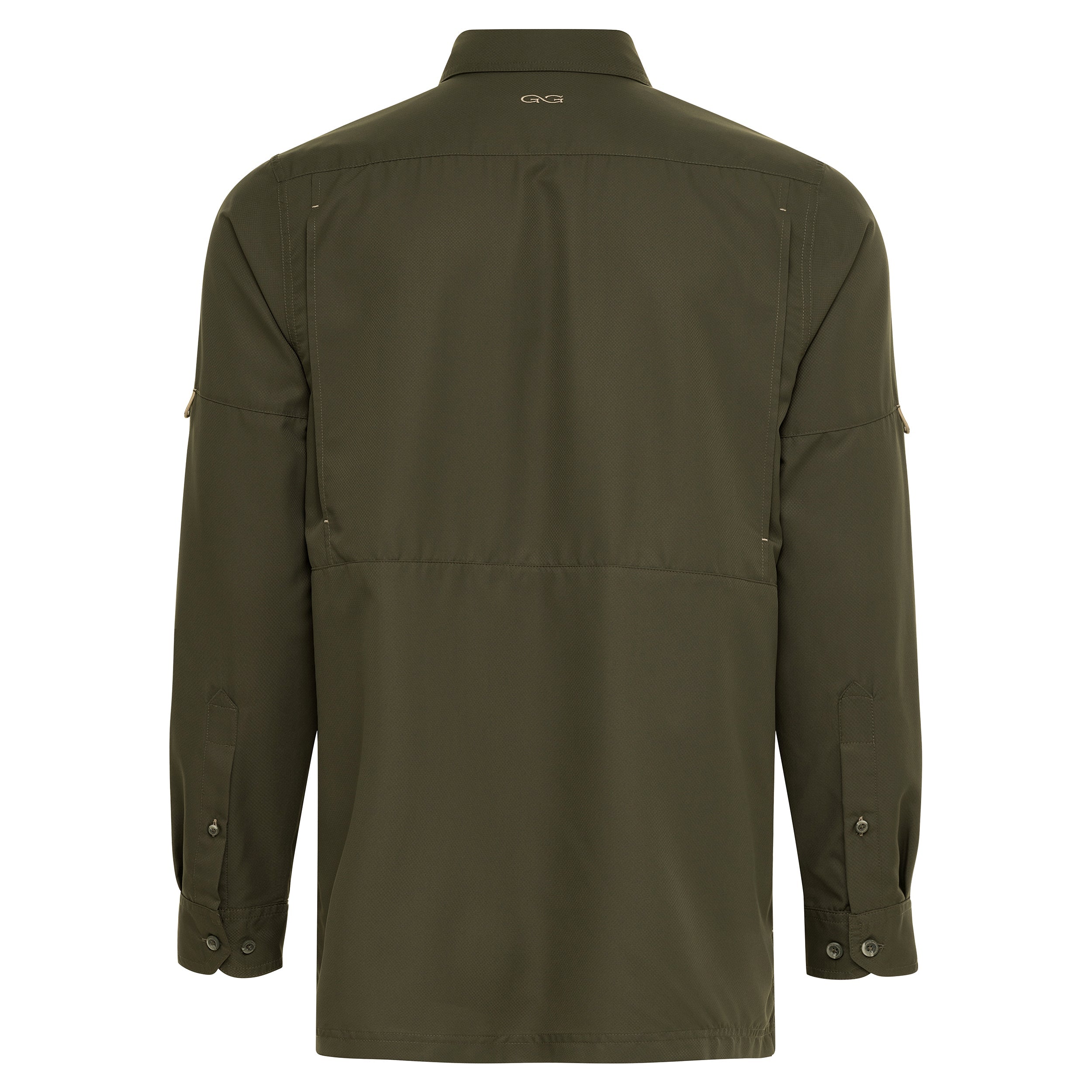 Olive green hunting shirt with button cuffs and back logo, ideal for outdoor adventures and field use.