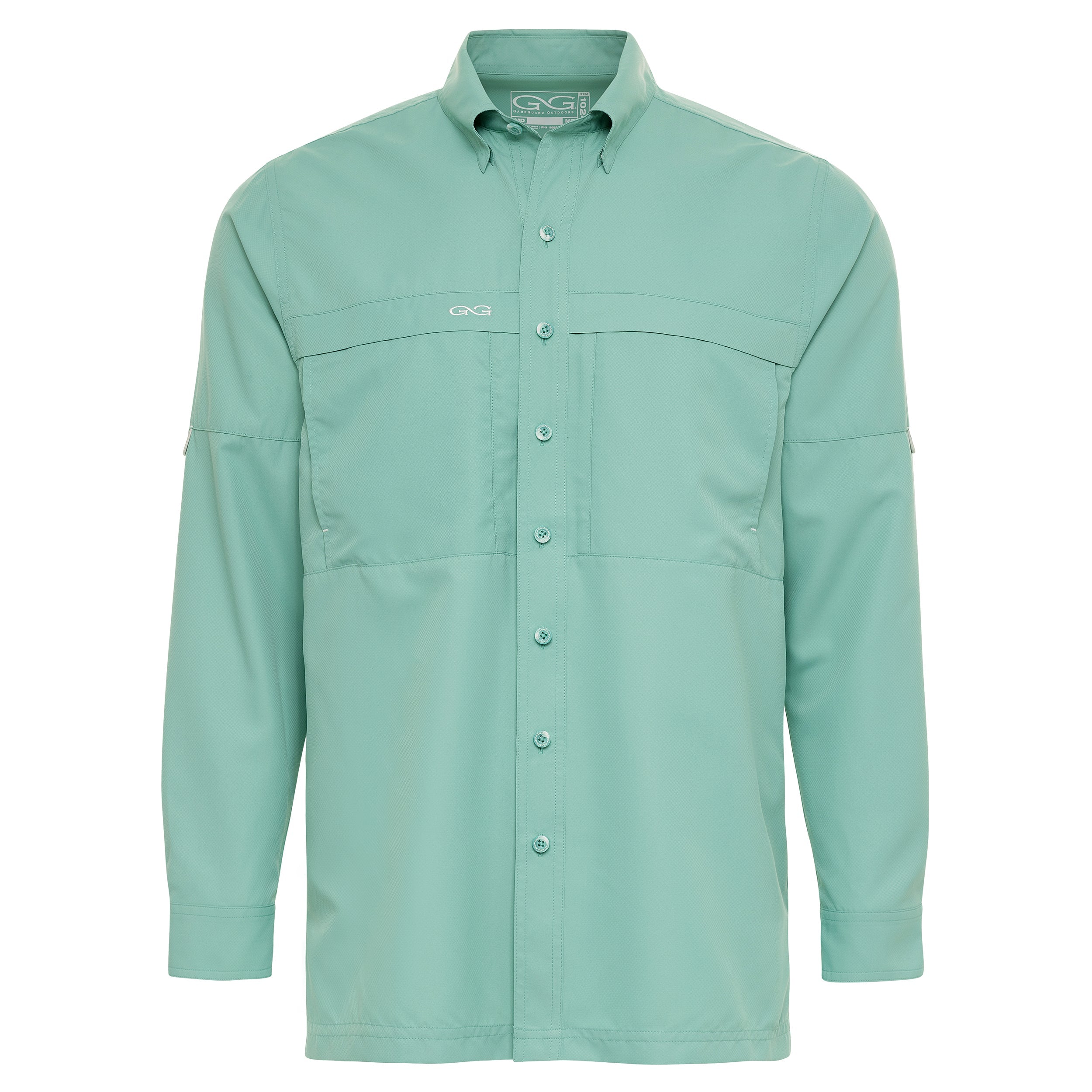 Mint green long sleeve button-up hunting shirt with chest pockets and roll-up sleeves for outdoor adventures