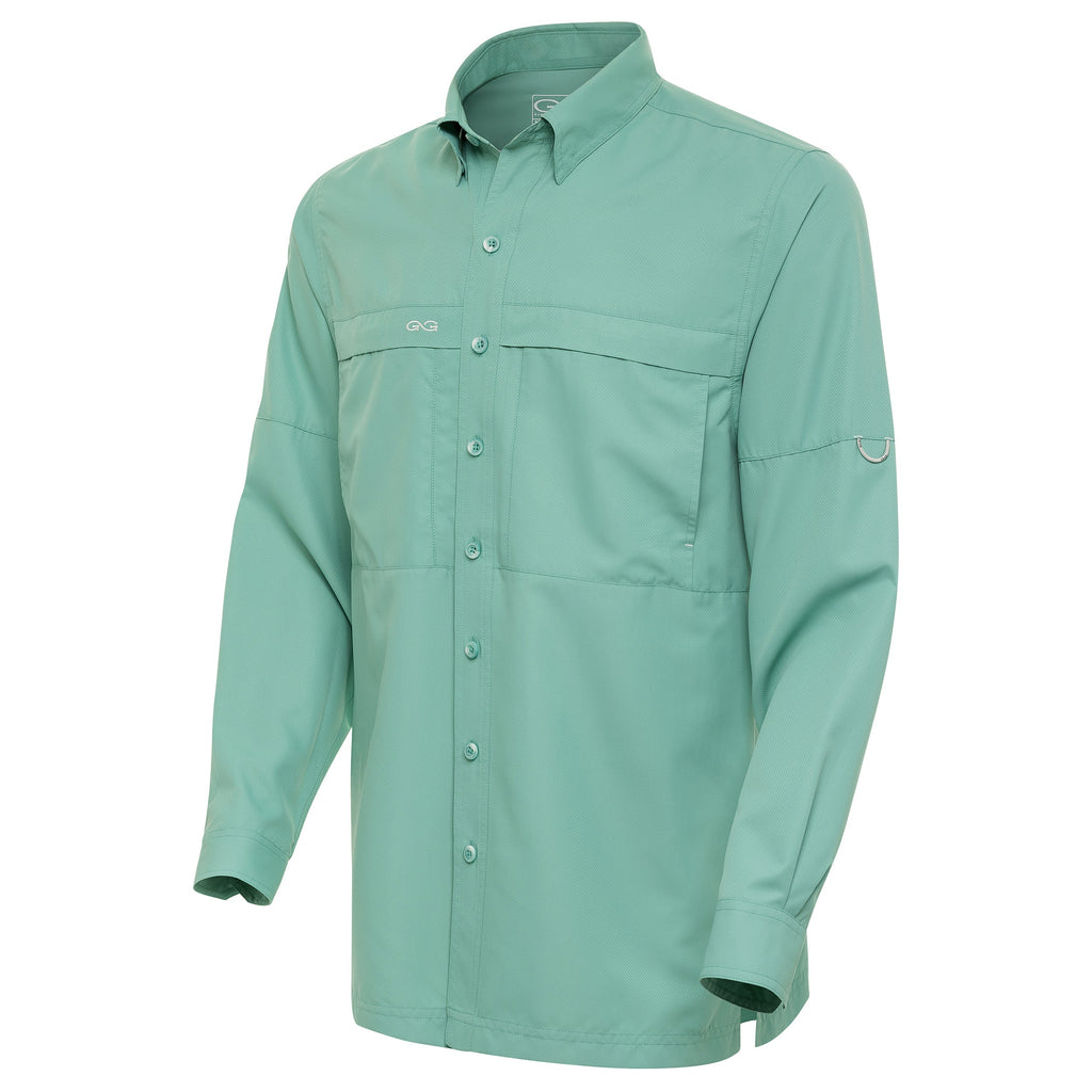 Mint green long-sleeve fishing shirt with button front and chest pockets
