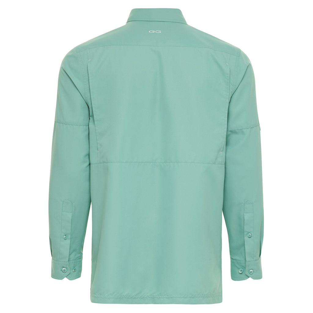 Mint green long sleeve outdoor shirt with button cuffs and back logo, ideal for hunting and fishing