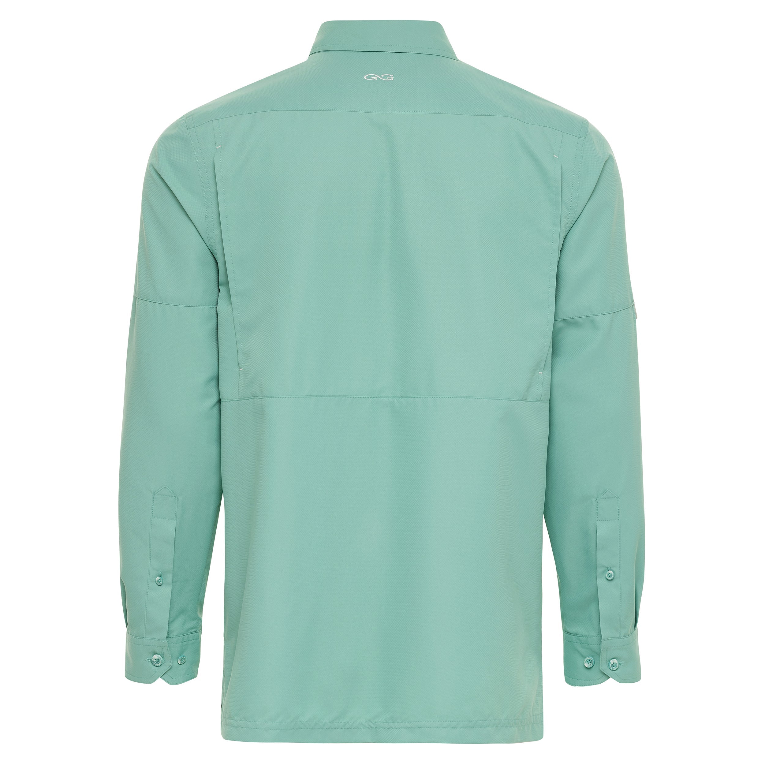 Mint green long sleeve outdoor shirt with button cuffs and back logo, ideal for hunting and fishing