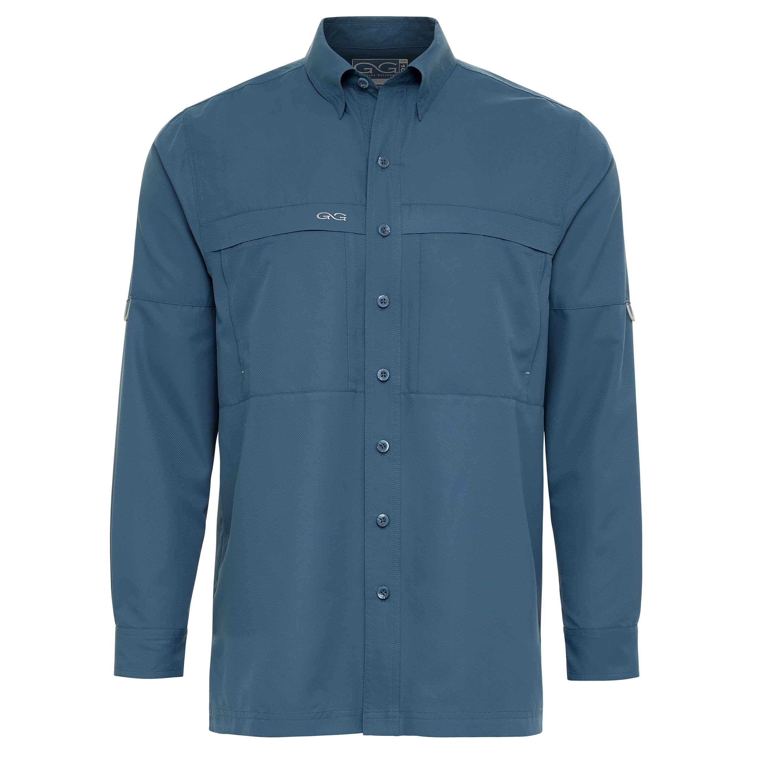 Men's blue long sleeve hunting shirt with button front, chest pockets, and roll-up sleeves for outdoor adventures