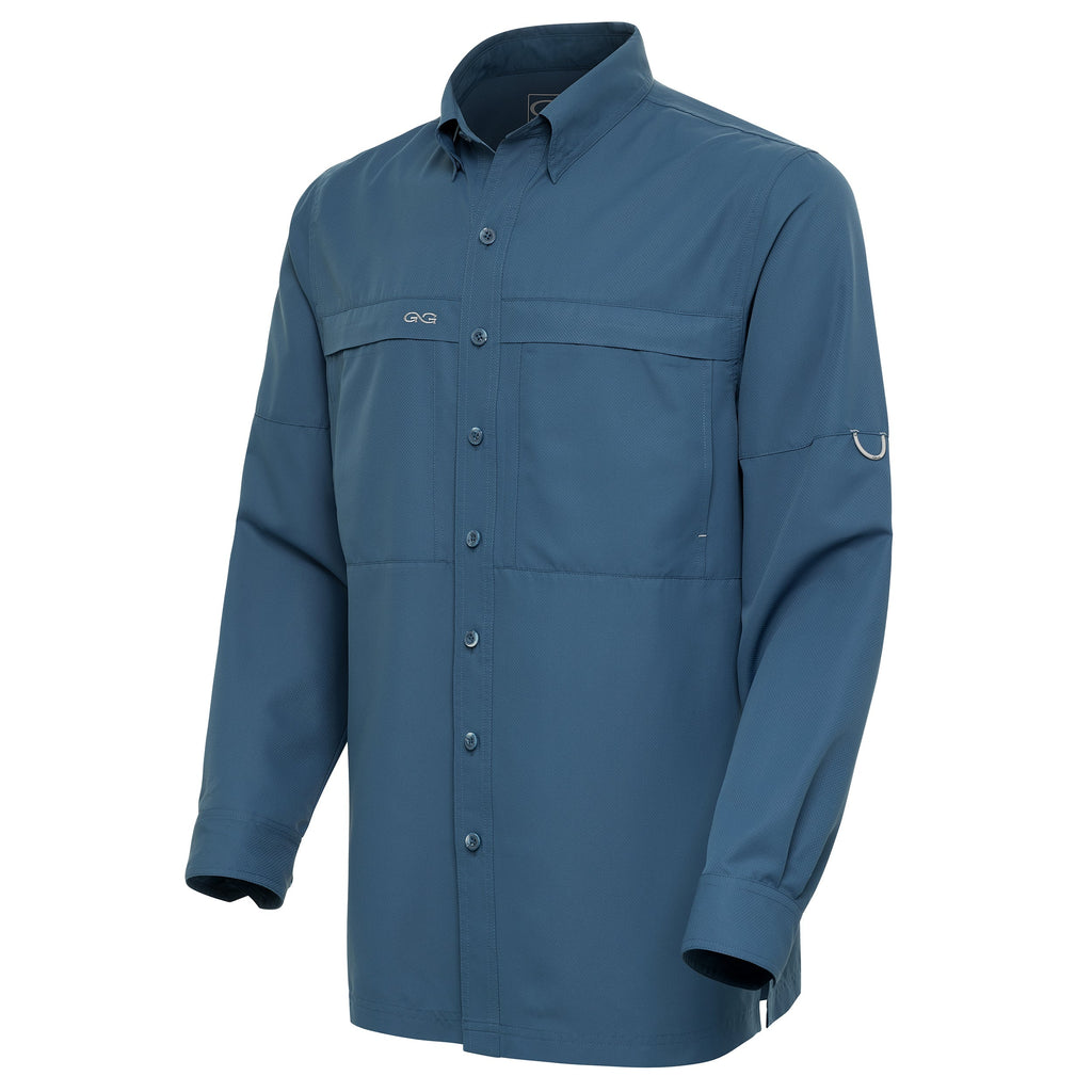 Men's blue long-sleeve hunting shirt with button front, chest pockets, and sleeve D-ring for outdoor gear