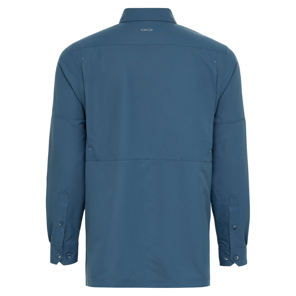 Men's blue long sleeve hunting shirt with button cuffs and back logo, ideal for outdoor adventures