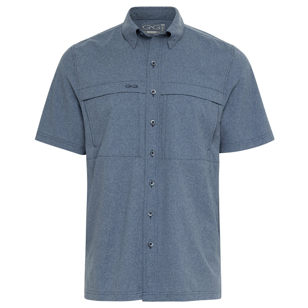 Men's blue short sleeve button-up hunting shirt with chest pockets, ideal for outdoor adventures and field use.