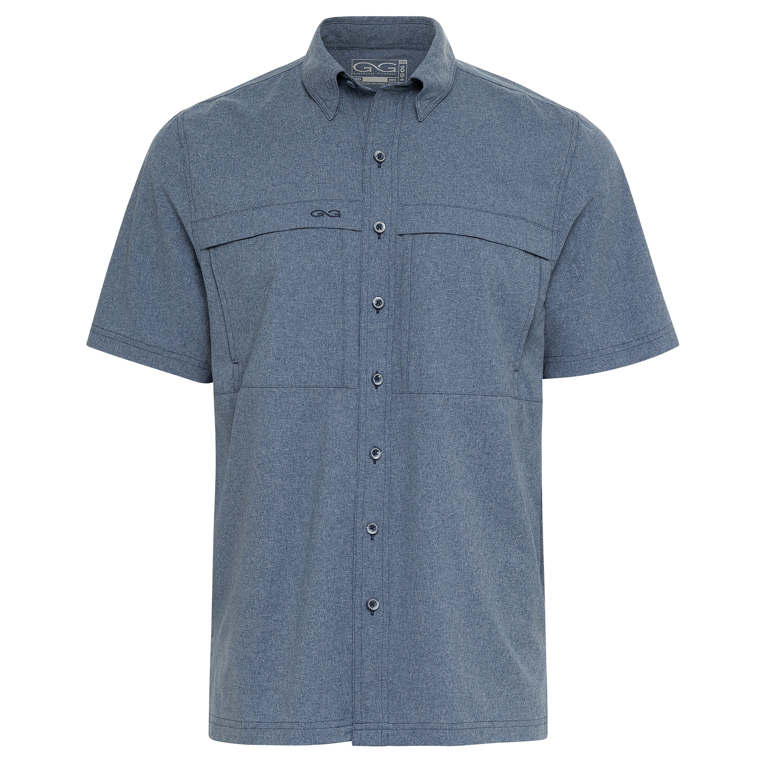 Men's blue short sleeve button-up hunting shirt with chest pockets, ideal for outdoor adventures and field use.