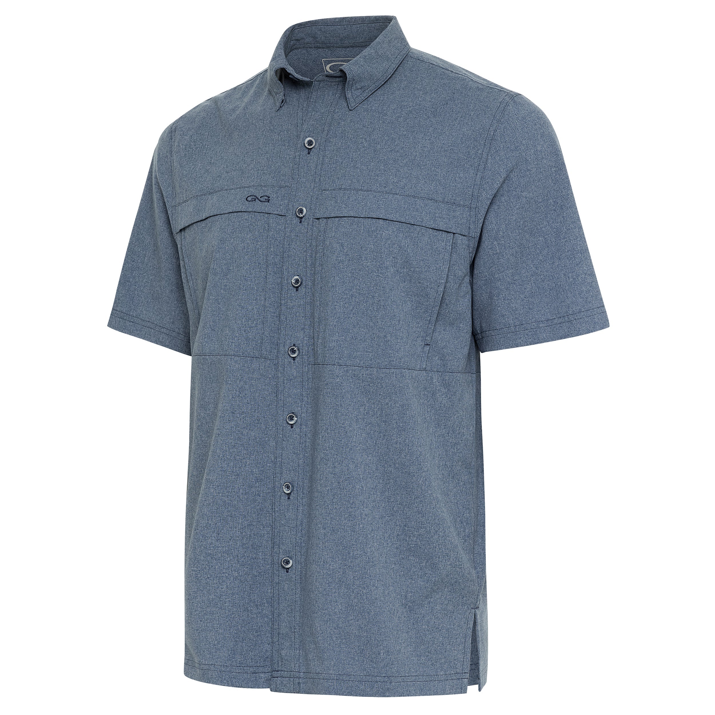 Men's blue short-sleeve button-up hunting shirt with chest pockets, ideal for outdoor adventures and fishing