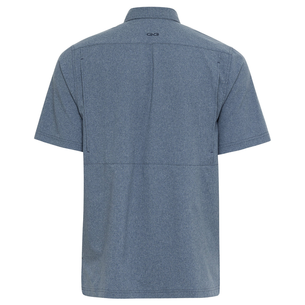 Blue heather short sleeve hunting shirt with button collar and back logo, ideal for outdoor adventures