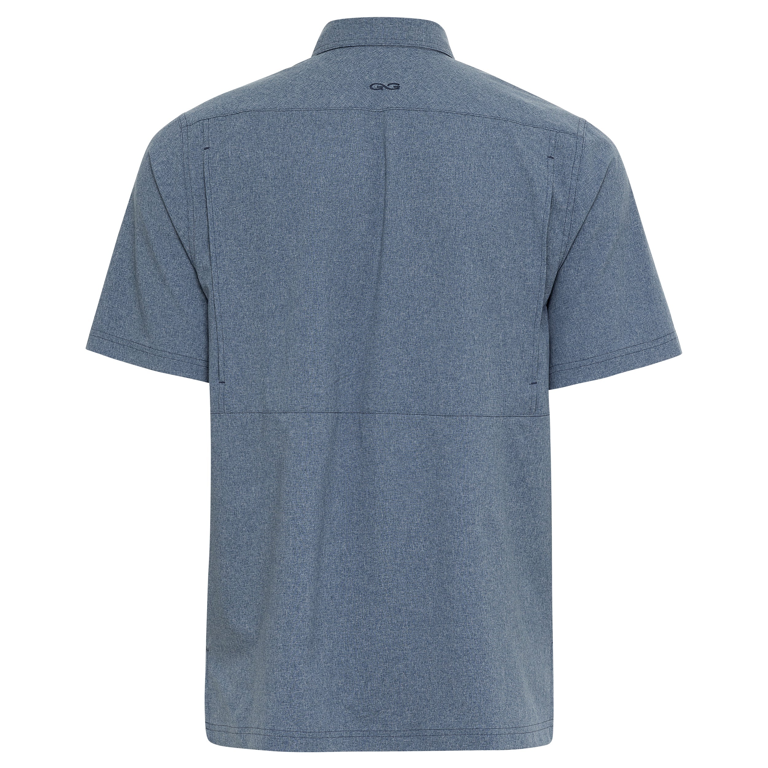 Blue heather short sleeve hunting shirt with button collar and back logo, ideal for outdoor adventures
