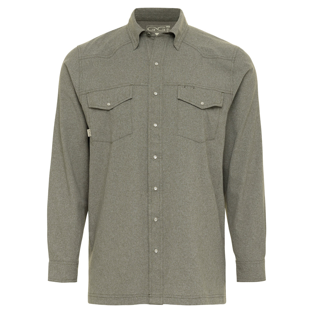 Men's olive green long sleeve hunting shirt with button front and chest pockets for outdoor adventures