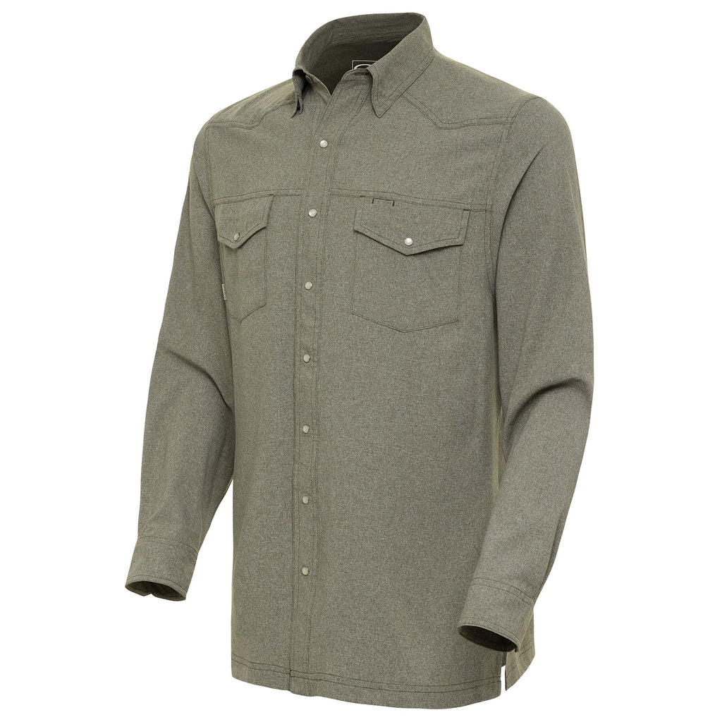 Olive green long sleeve hunting shirt with button front and two chest pockets, ideal for outdoor adventures.