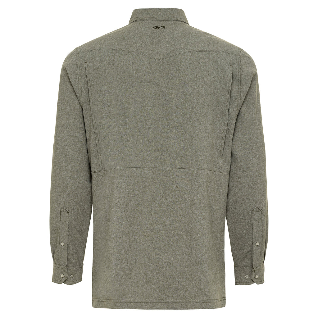 Olive green long sleeve hunting shirt with button cuffs and back yoke detail