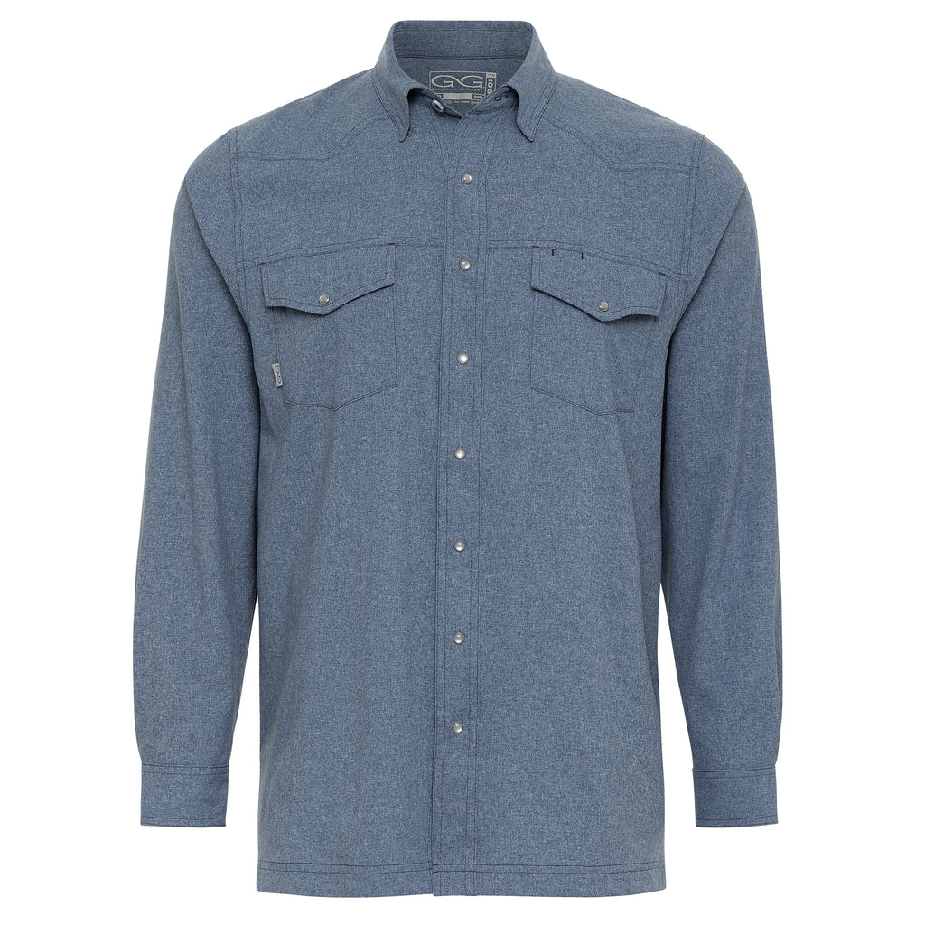 Blue long sleeve hunting shirt with button front and chest pockets for outdoor adventures