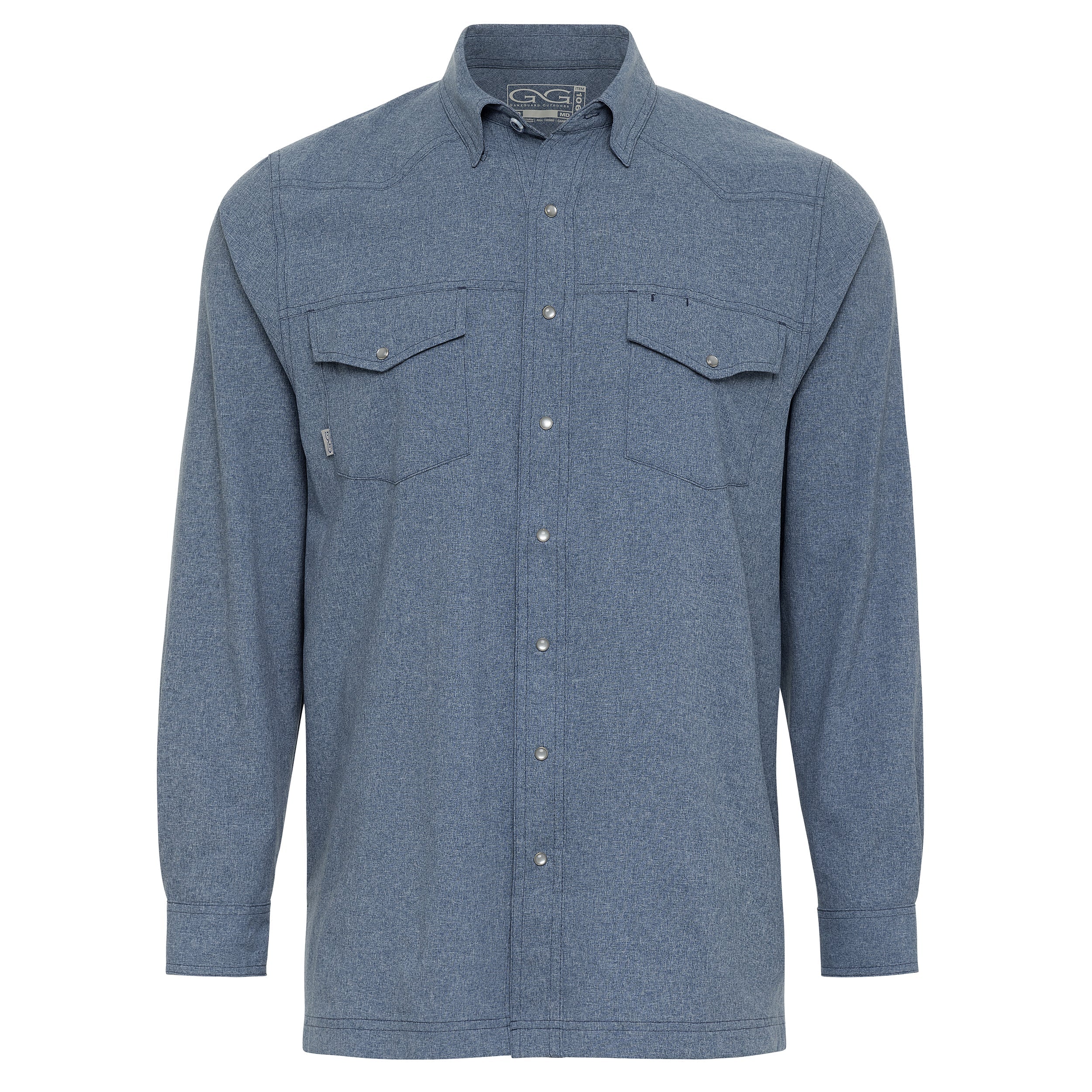 Blue long sleeve hunting shirt with button front and chest pockets for outdoor adventures