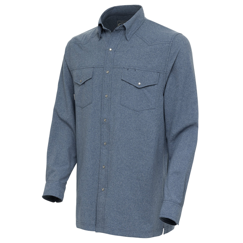 Blue long-sleeve hunting shirt with button front, two chest pockets, and snap closures for outdoor use