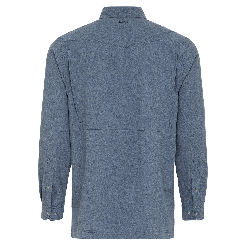 Men's blue heather long sleeve hunting shirt with button cuffs and back yoke