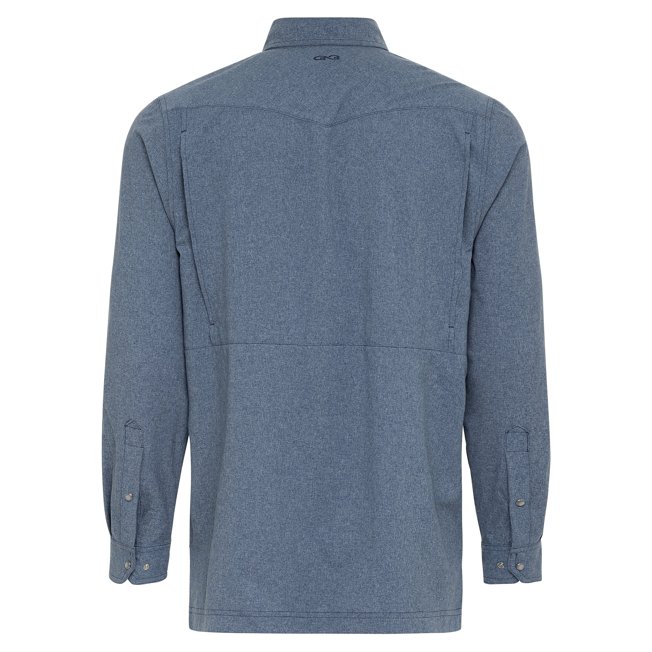 Men's blue heather long sleeve hunting shirt with button cuffs and back yoke