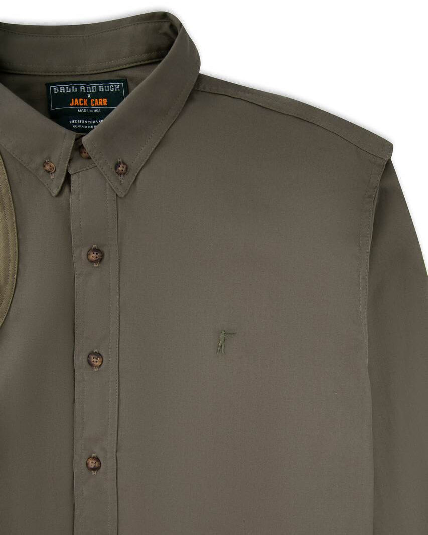 Button-down collar and label on the Ranger Green Jack Carr Hunters Shirt