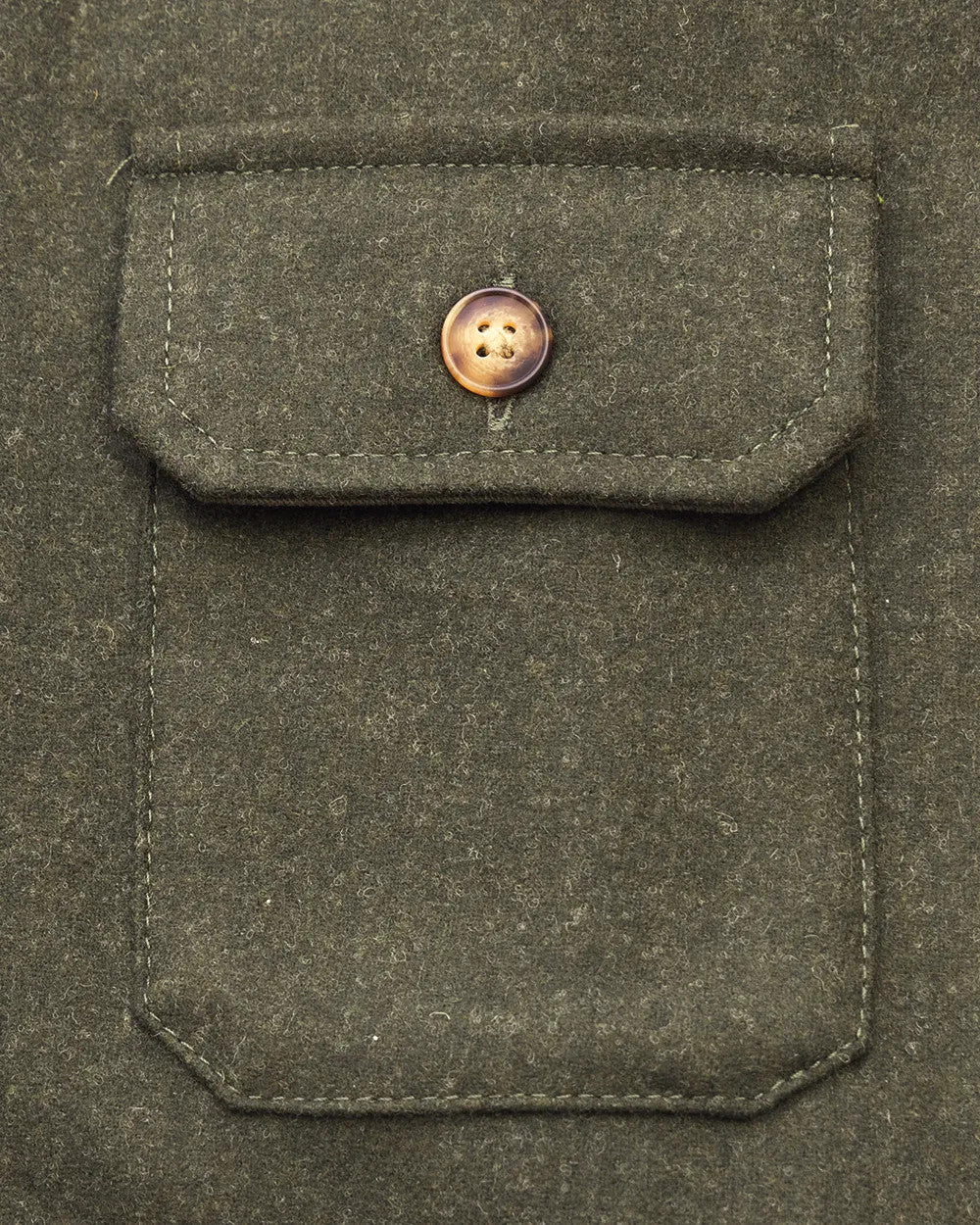 Button flap chest pocket on the Loden Green merino wool overshirt