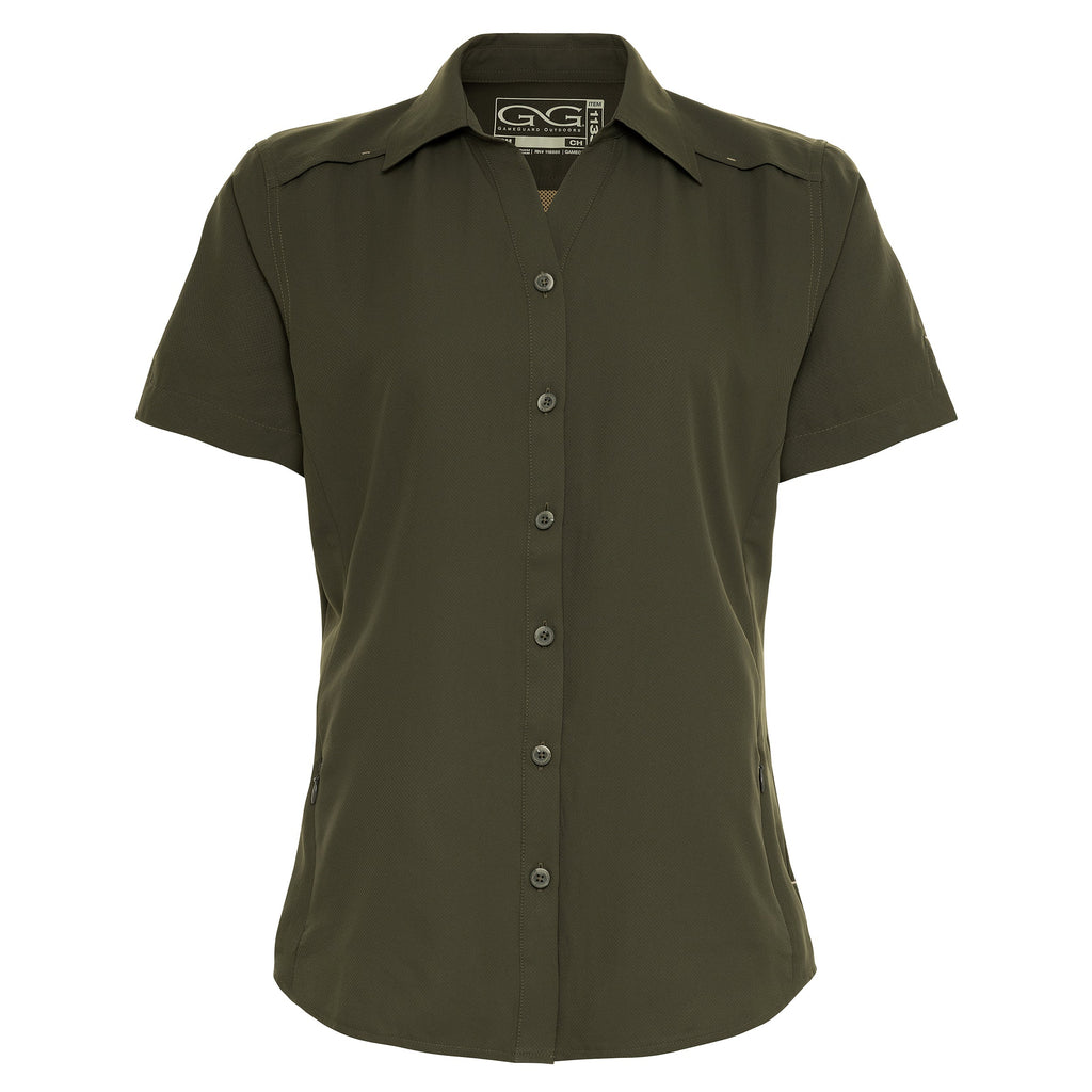 Olive green short-sleeve hunting shirt with button front and shoulder epaulets for outdoor use