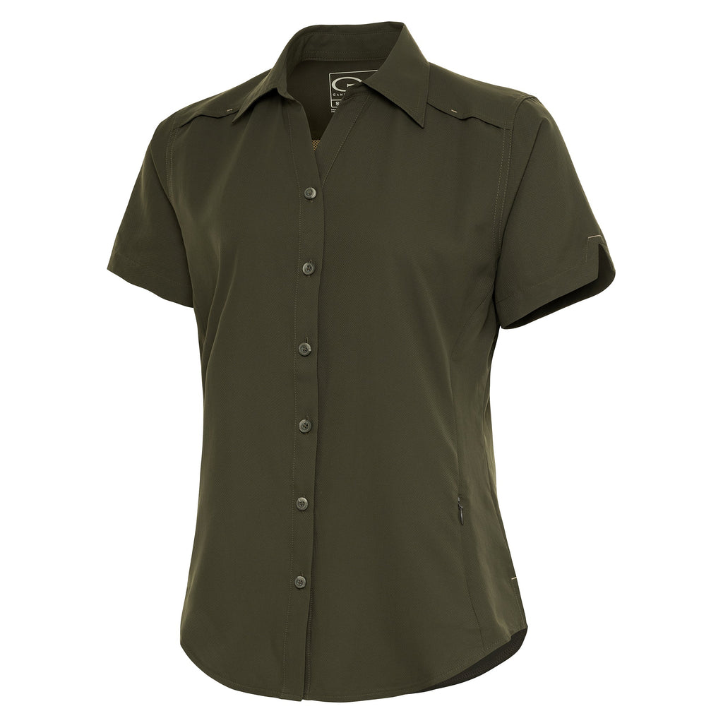 Olive green short sleeve button-up hunting shirt with chest pocket and roll-up sleeves for outdoor use