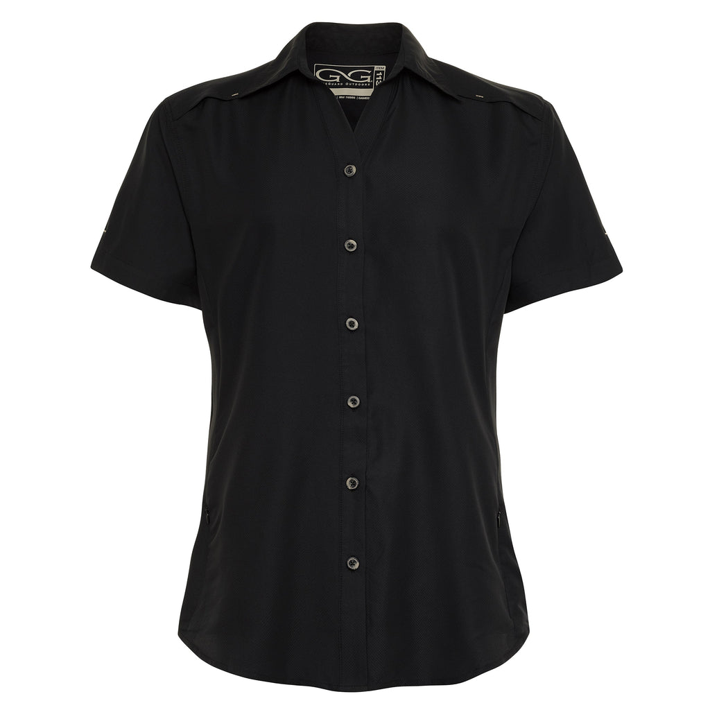 Black short-sleeve button-up hunting shirt with GameGuard Outdoors logo, ideal for outdoor activities
