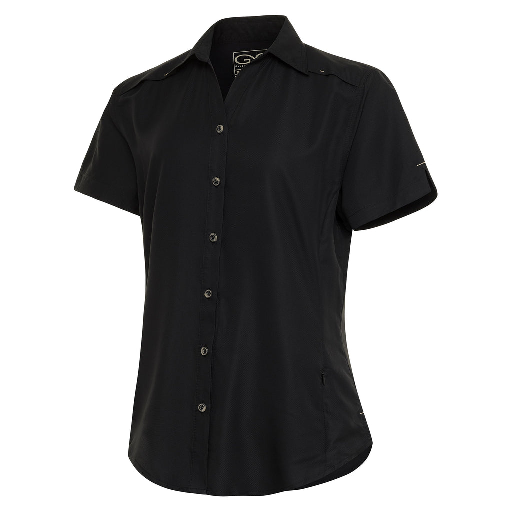 Black short sleeve button-up hunting shirt with roll-up sleeves and chest pocket for outdoor use