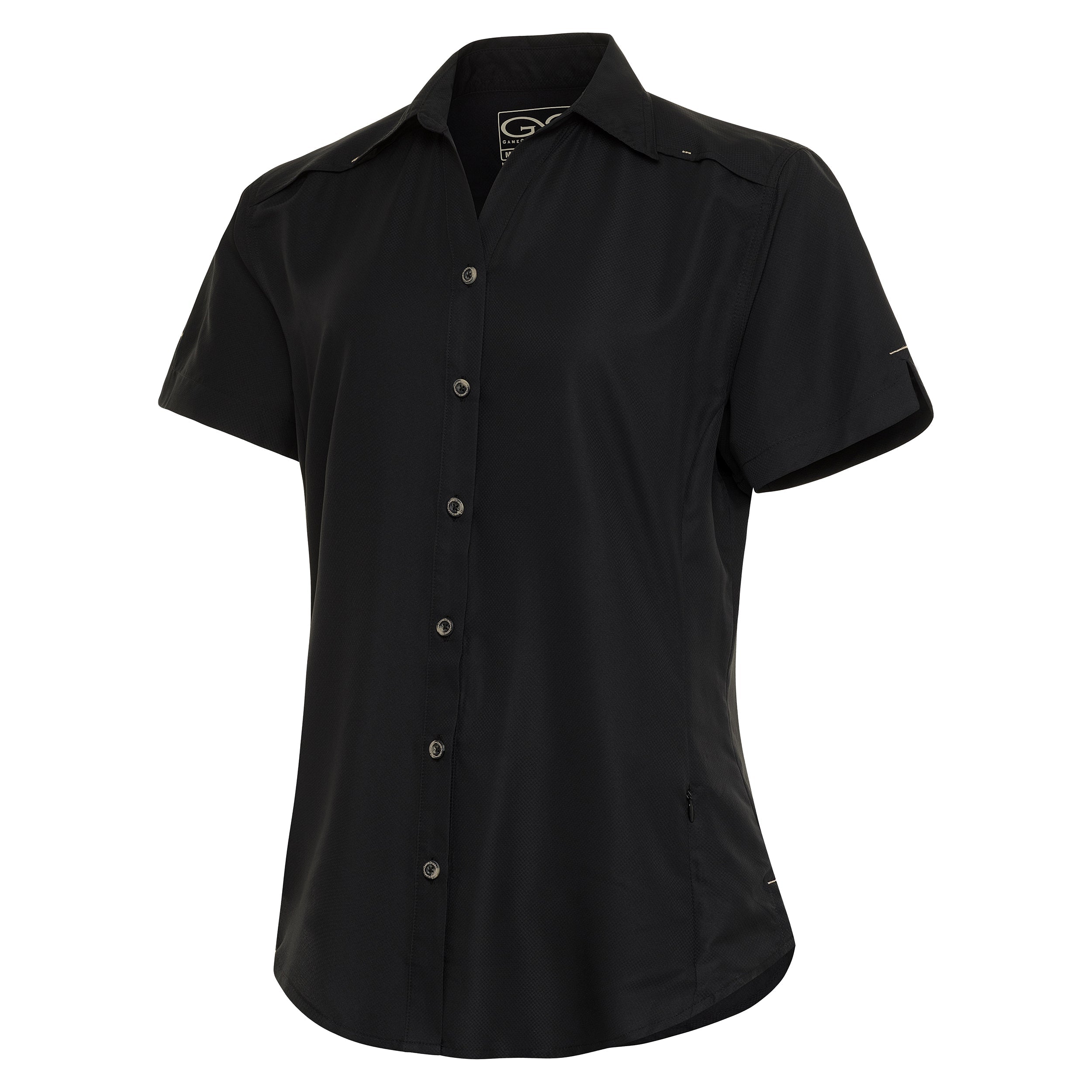 Black short sleeve button-up hunting shirt with roll-up sleeves and chest pocket for outdoor use