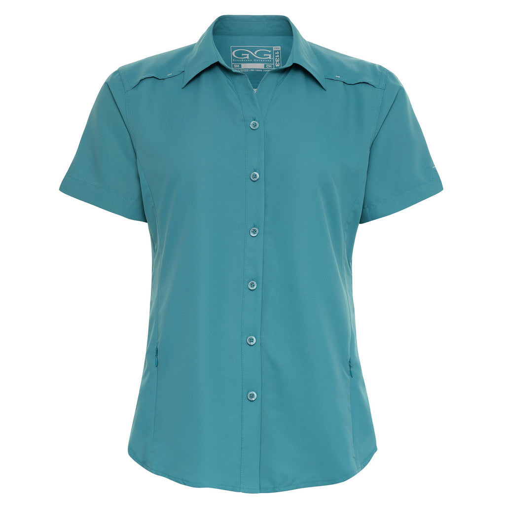 Teal short-sleeve button-up hunting shirt with chest pockets, ideal for outdoor adventures and warm weather