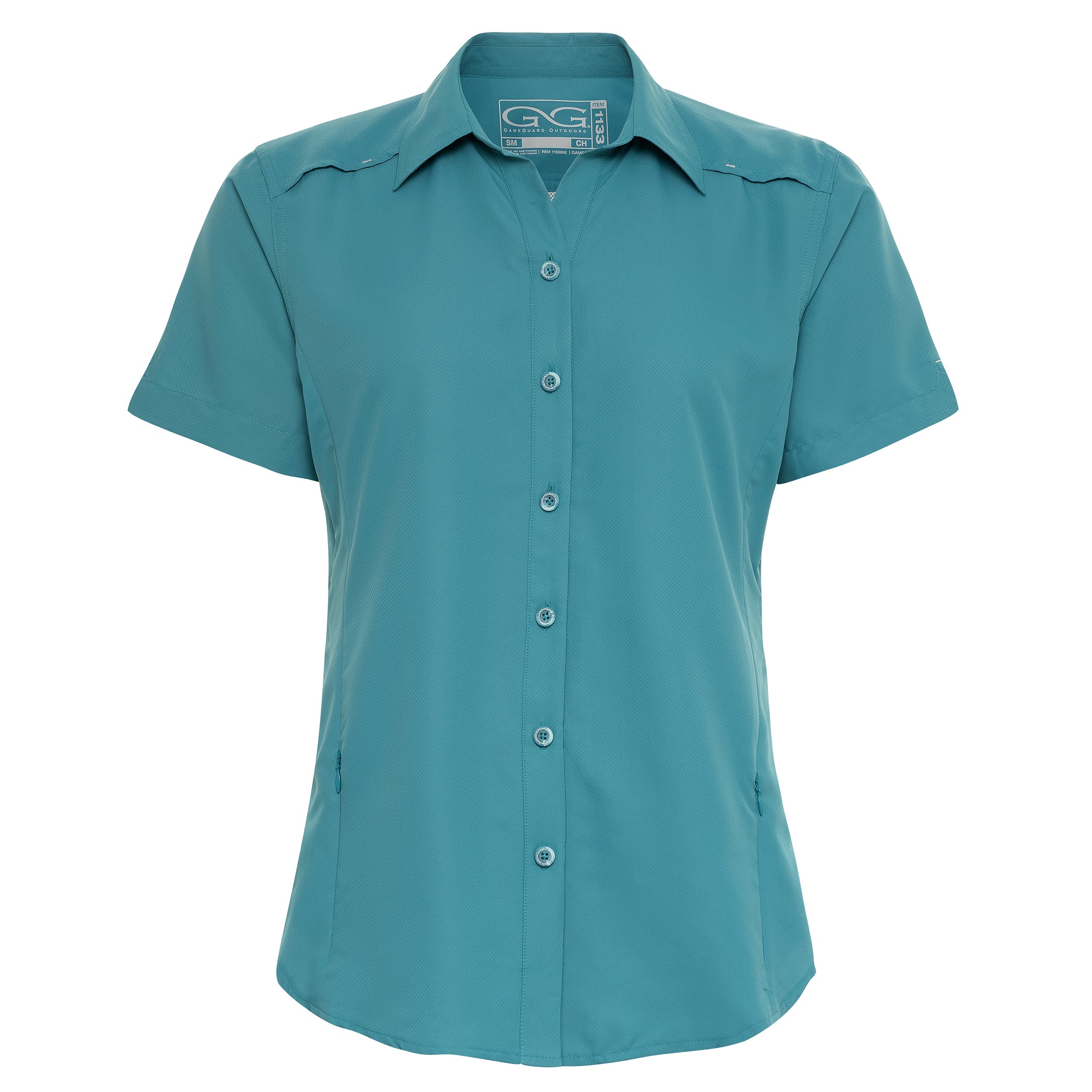 Teal short-sleeve button-up hunting shirt with chest pockets, ideal for outdoor adventures and warm weather