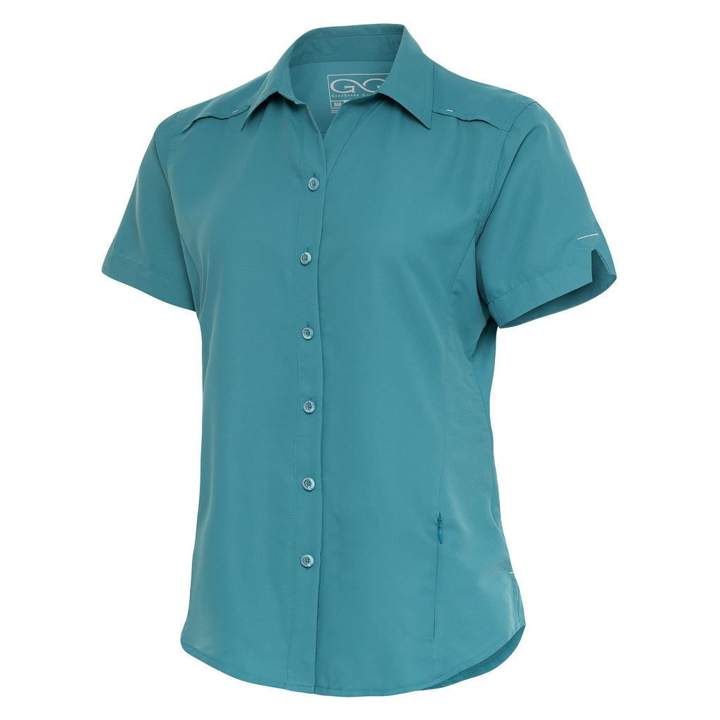 Teal short-sleeve button-up hunting shirt with roll-up sleeves and chest pocket