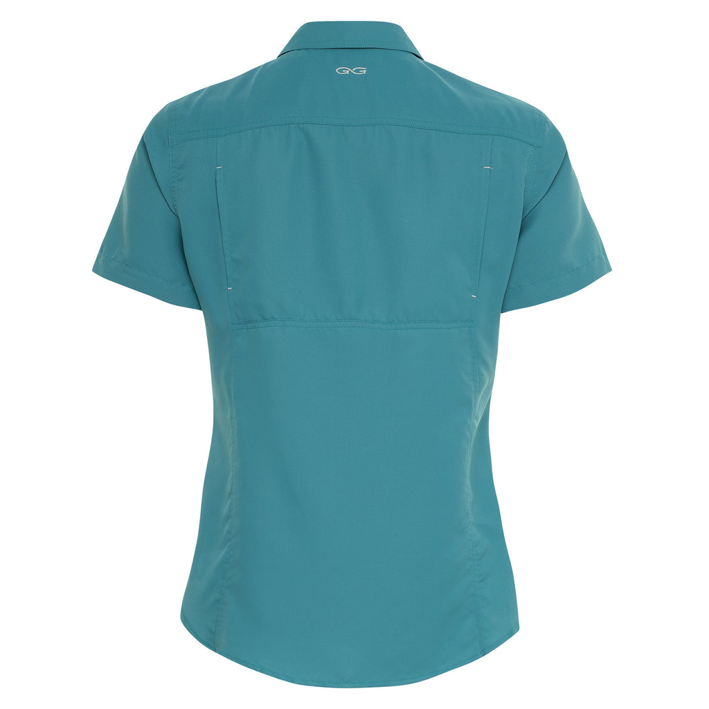 Teal short-sleeve women's outdoor shirt with back pocket and GG logo, ideal for hunting and fishing