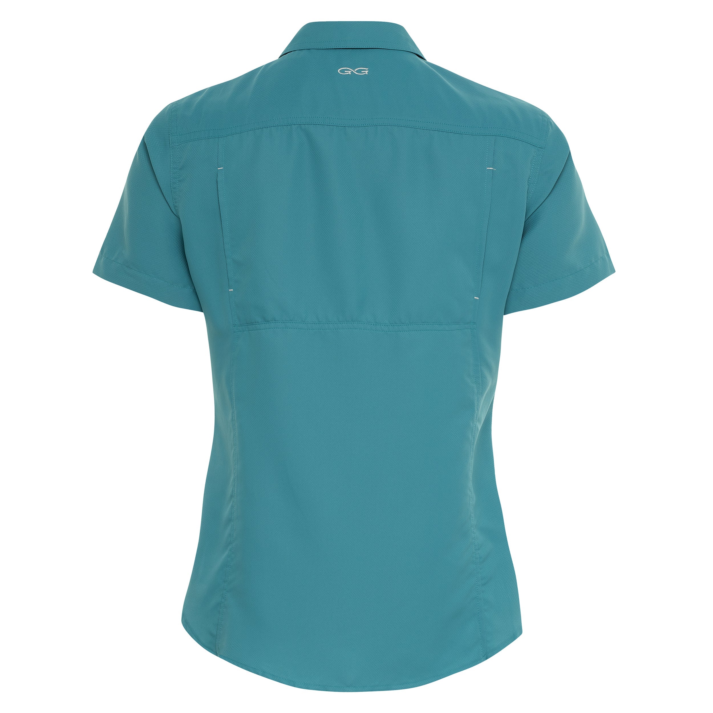 Teal short-sleeve women's outdoor shirt with back pocket and GG logo, ideal for hunting and fishing