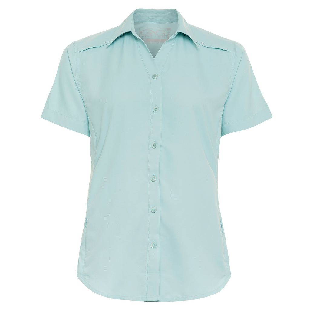 Light blue women's short sleeve button-up outdoor shirt for hunting and fishing