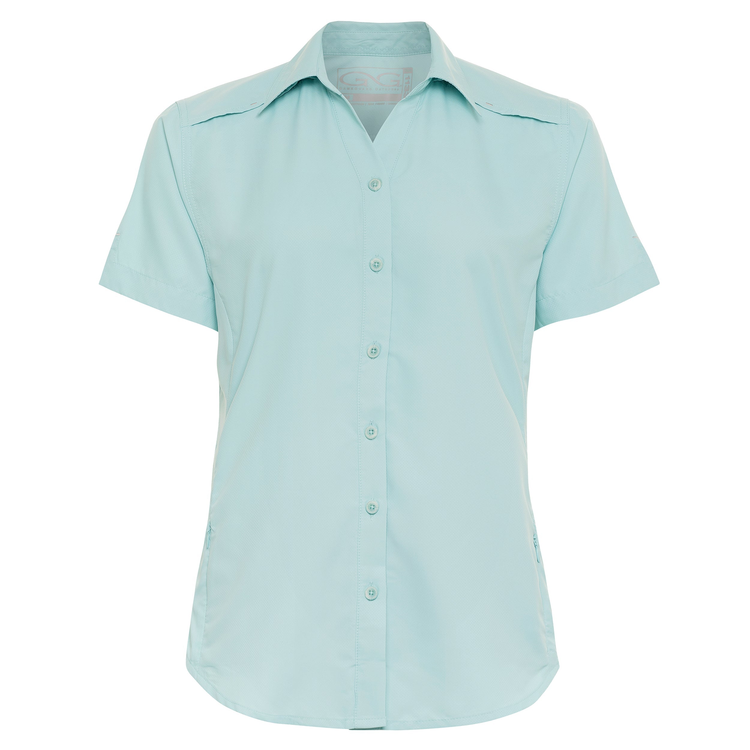 Light blue women's short sleeve button-up outdoor shirt for hunting and fishing
