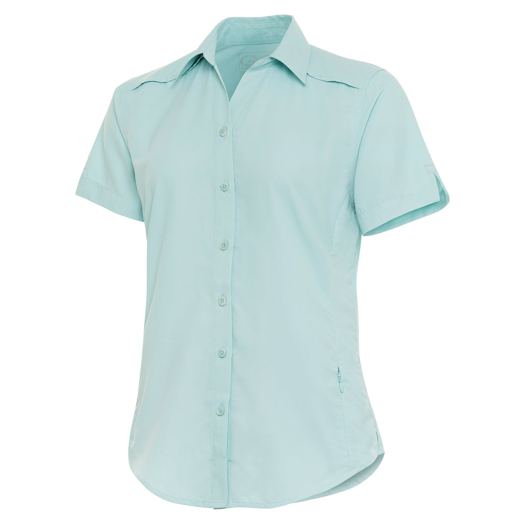 Light blue women's short sleeve button-up hunting shirt with roll-up sleeves and side zipper pocket