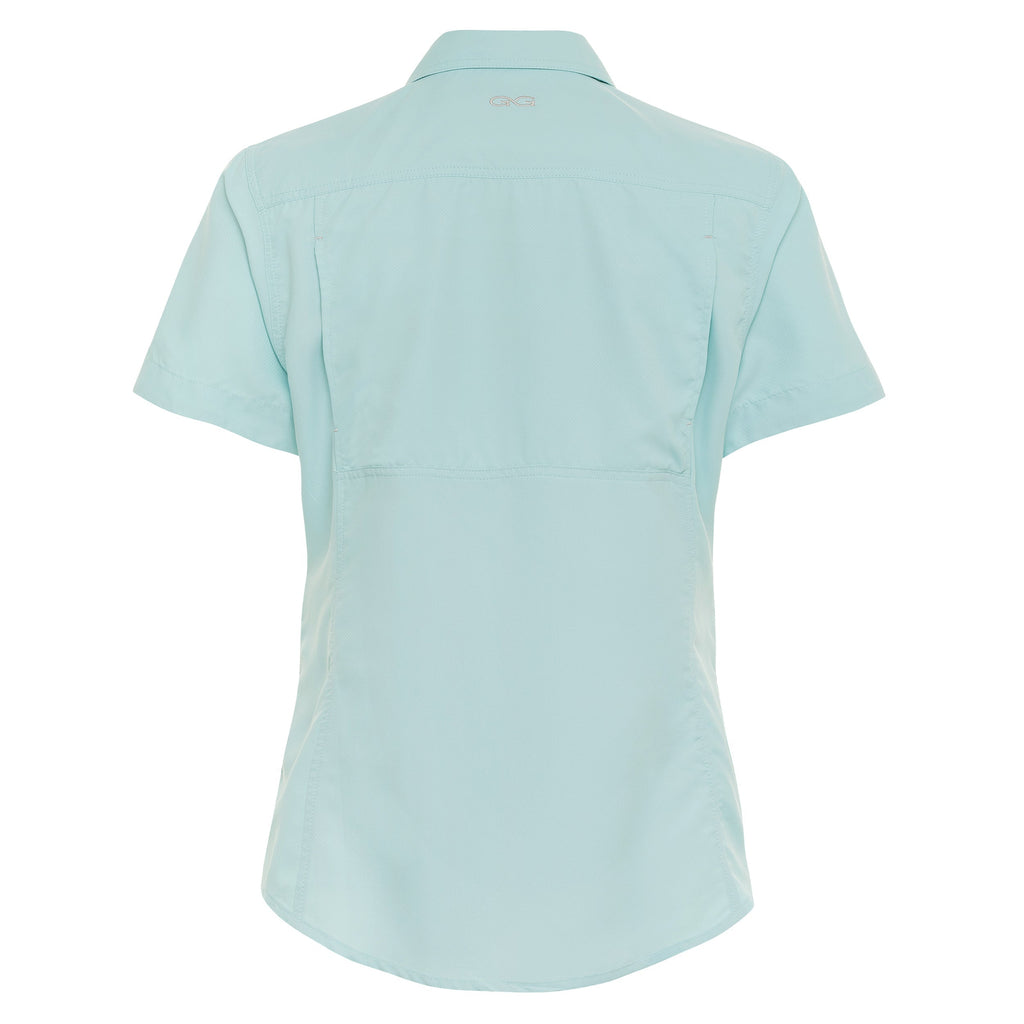 Light blue women's short sleeve outdoor shirt with GG logo, ideal for fishing and hunting