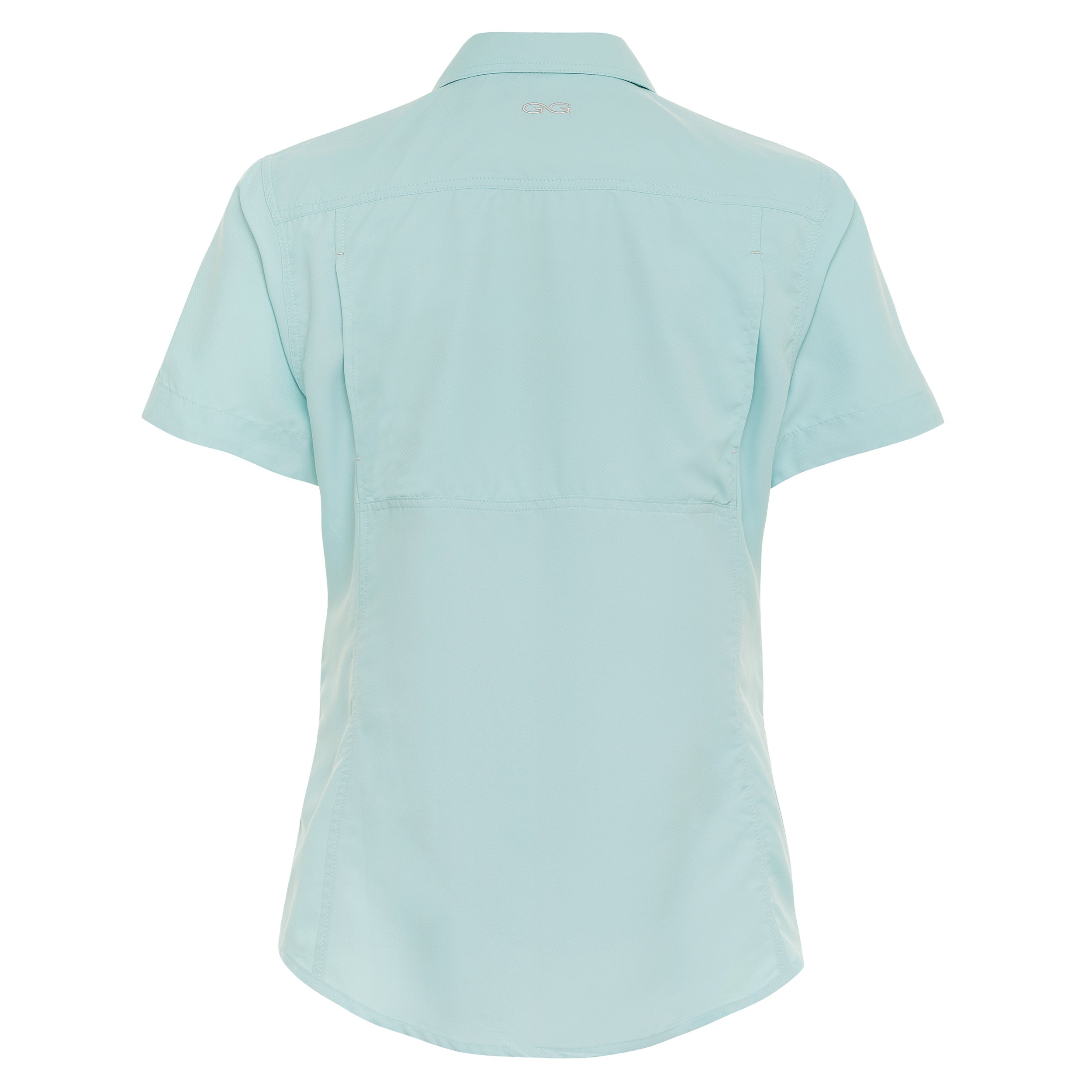 Light blue women's short sleeve outdoor shirt with GG logo, ideal for fishing and hunting