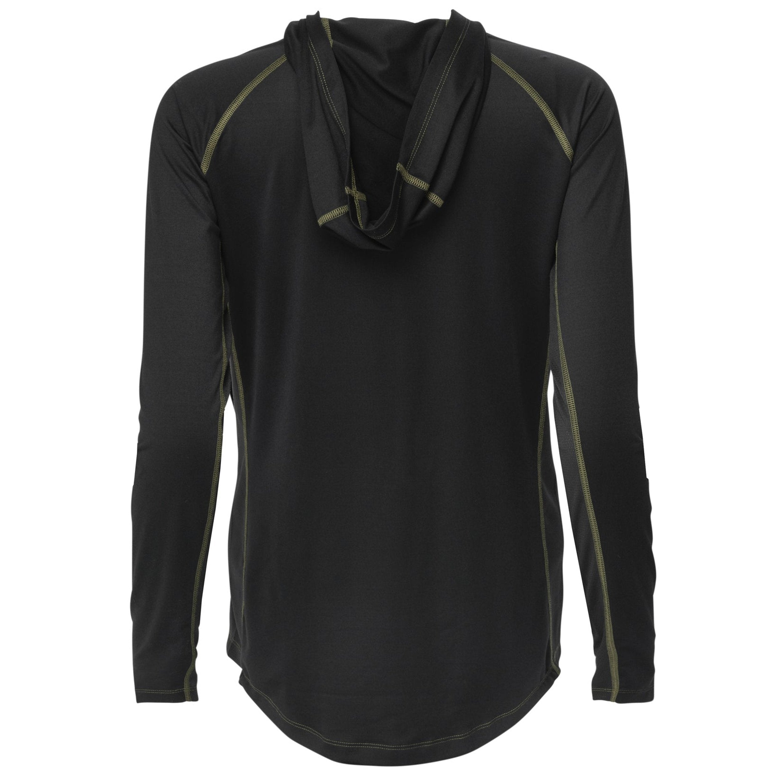 Black long sleeve hooded hunting shirt with olive green stitching, ideal for outdoor adventures and hunting gear