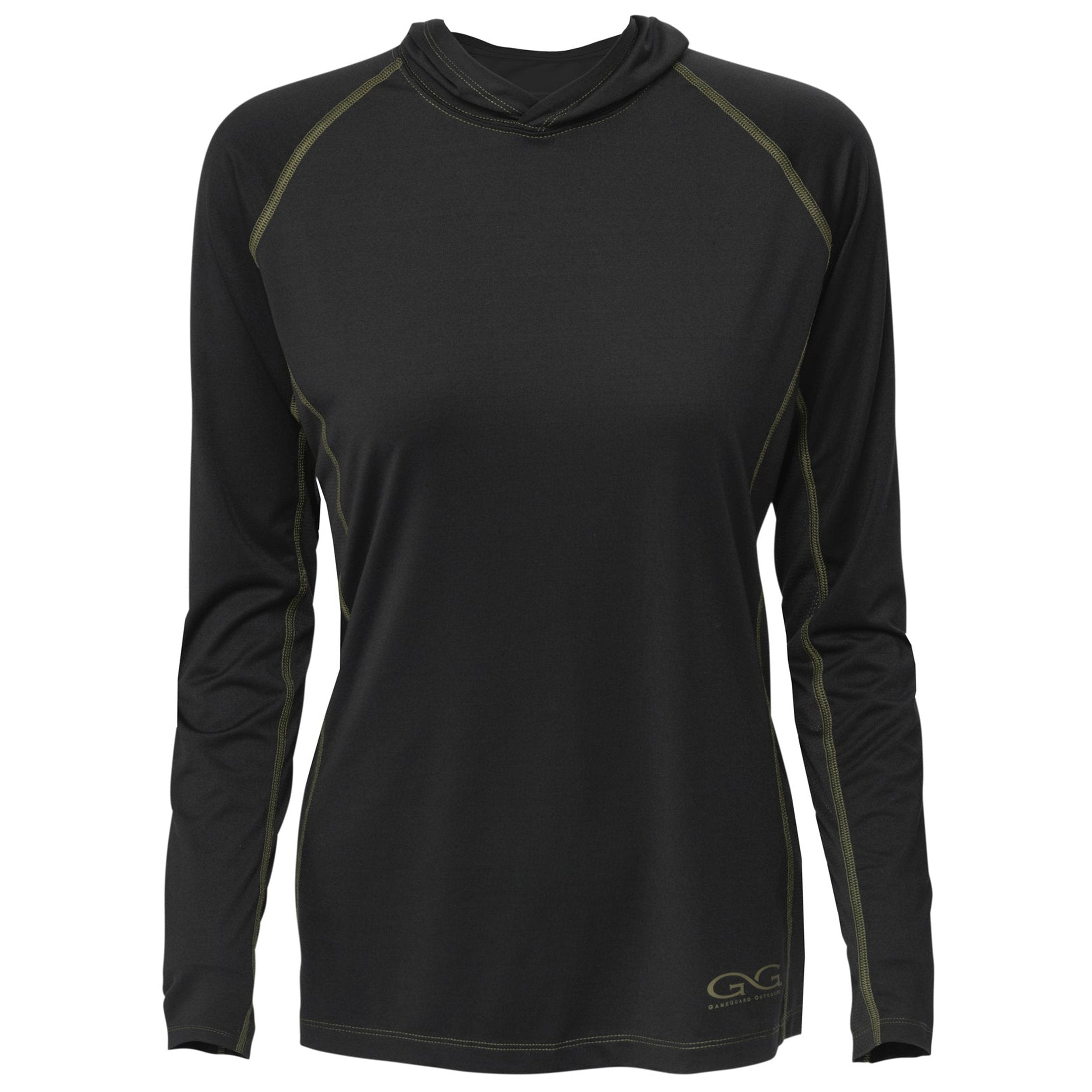 Black long sleeve hunting shirt with olive stitching, hooded neck, GameGuard Outdoor logo, ideal for outdoor activities