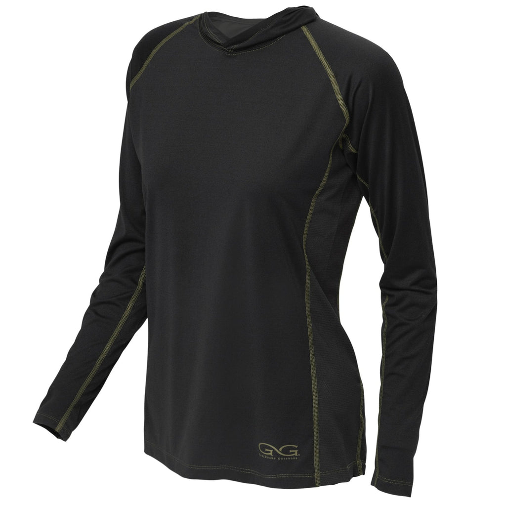 Black long sleeve hunting shirt with olive stitching, hooded design for outdoor use